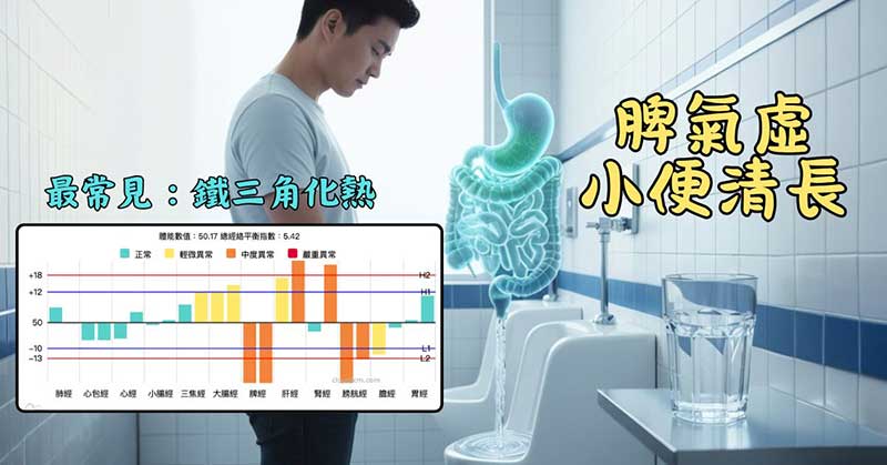 小便清長最常見經絡型態是鐵三角經絡型態化熱，屬於脾虛現象