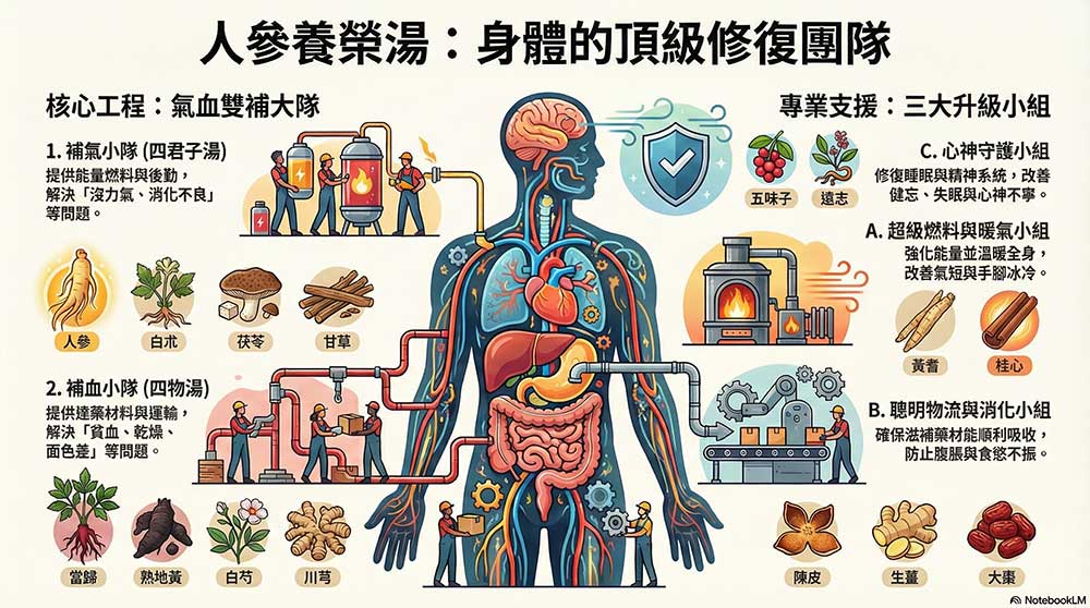 可以想像人參養榮湯是一個強大的修復團隊
