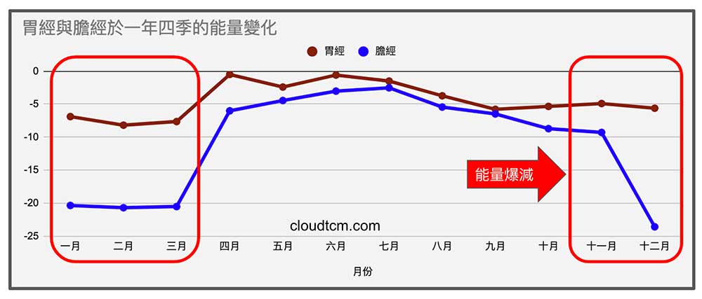 人體膽經與胃經,隨著天氣愈冷能量愈低