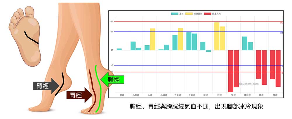 膽經、胃經與腎經氣血不通時，整個腳部都會是冰冷的