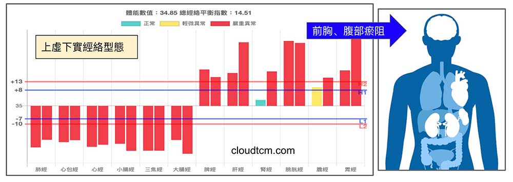 上虛下實的經絡型態，前胸與腹部經絡氣血嚴重阻塞