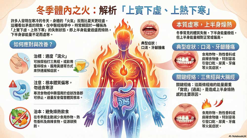 冬季上實下虛，上熱下寒成為一種常態