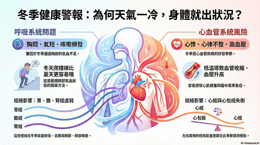 冬季期間，容易出現胸悶氣短心悸現象