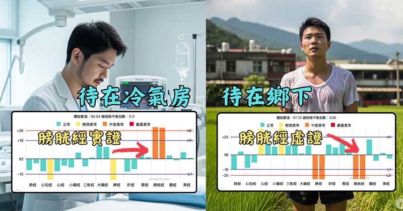 比較待在冷氣房，與待在鄉下的膀胱經能量變化