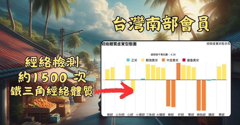 台灣南部會員，直至2025年檢測約1500次，呈現鐵三角經絡體質