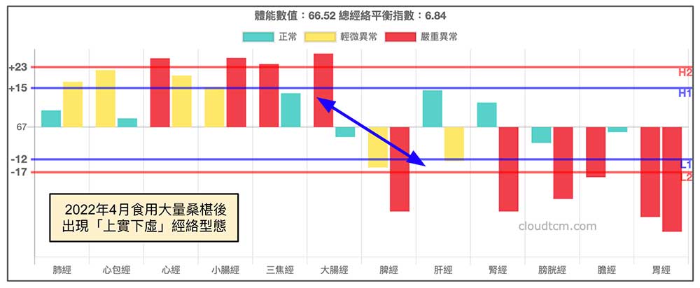 食用大量桑椹後，開始出現「上實下虛」經絡型態