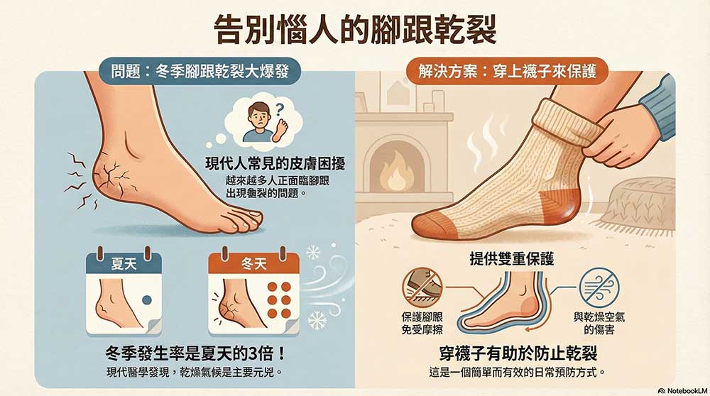 現代人經常出現腳跟龜裂，穿襪子可以改善