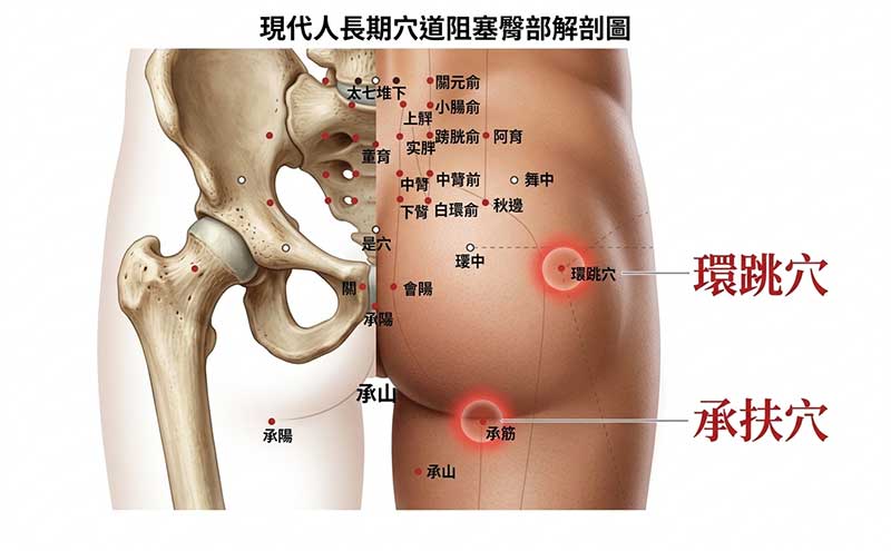現代人環跳穴，承扶穴長期氣血阻塞不通