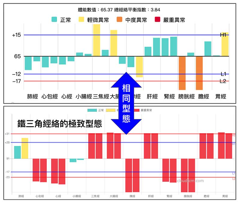 經絡圖具備相同的經絡型態，只是嚴重程度不同