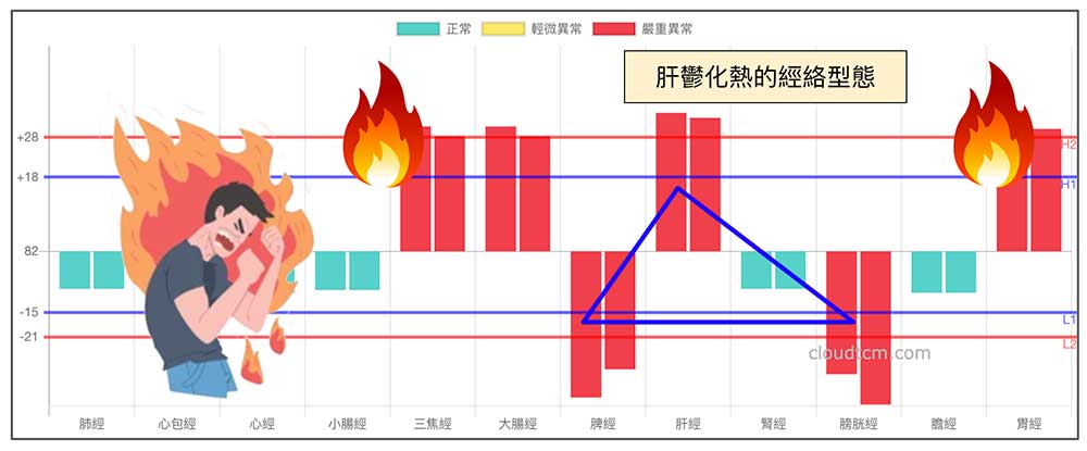 鐵三角經絡型態久了之後，自然會出現少陽經、陽明經的實證火熱現象
