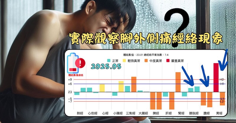 實際觀察腳外側痛，出現的經絡現象