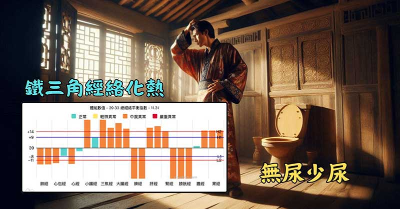 出現無尿、少尿的人，最高機率呈現鐵三角經絡型態化熱