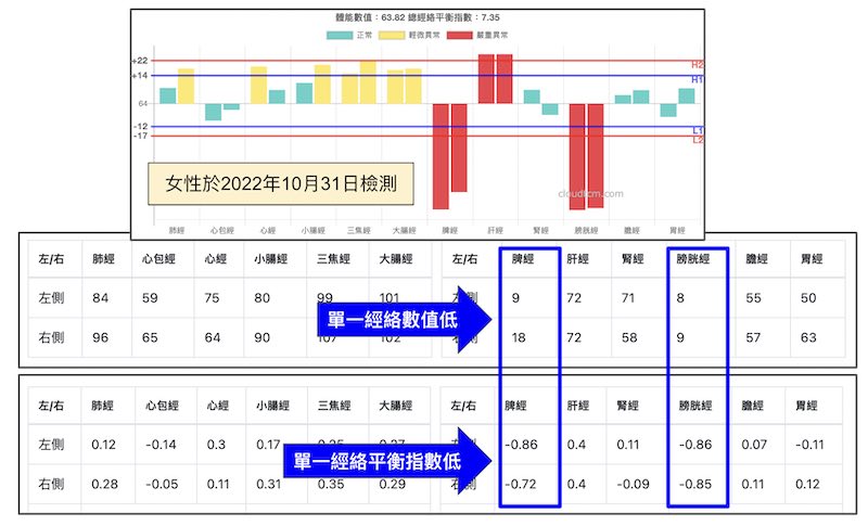 同樣的經絡型態，可以比較經絡平衡指數