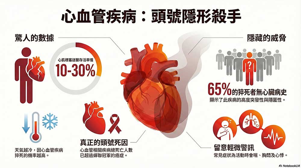 現代人經常面臨心肌梗塞猝死的威脅，心血管疾病成為頭號殺手