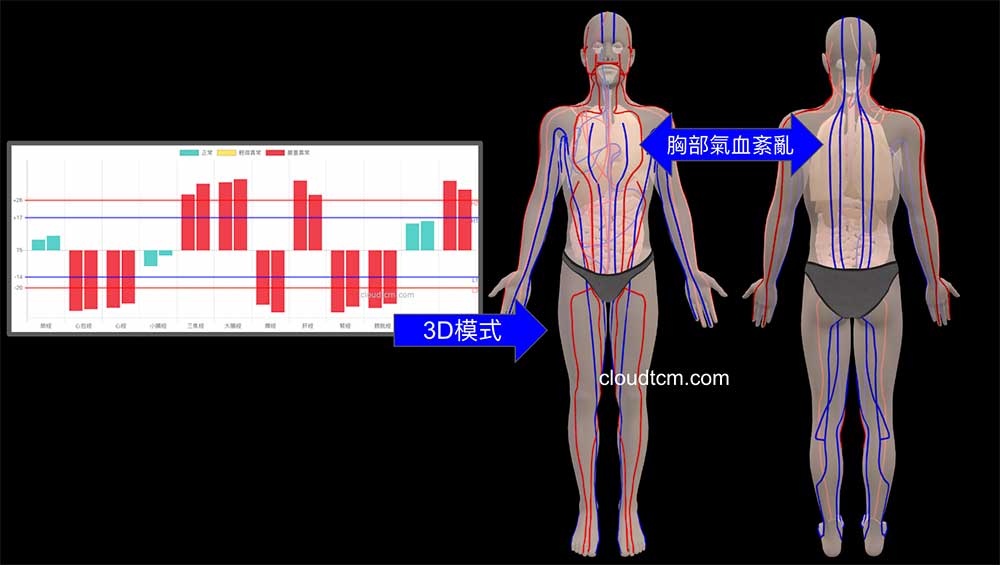 運用3D模式，看到通往胸部的經絡氣血紊亂