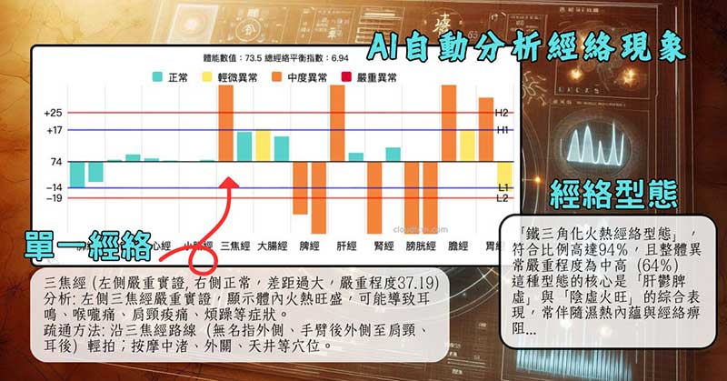 AI自動分析單經絡，整體經絡型態現象