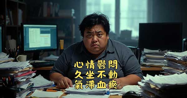 心情鬱悶且久坐的人，最容易出現氣滯血瘀
